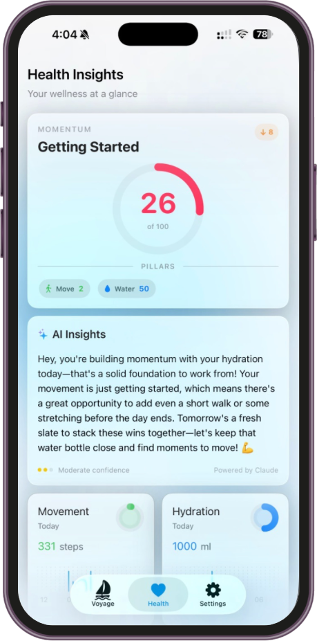 WellVoye Health dashboard with Momentum ring, AI Insights, and pillar tiles