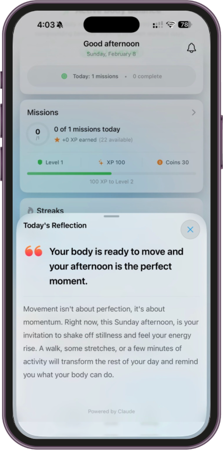 WellVoye AI-powered daily reflection with motivational quote
